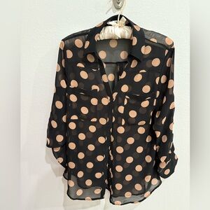 Express Sheer Button Up Black with Tan Polka Dots Women’s Blouse, Small EUC